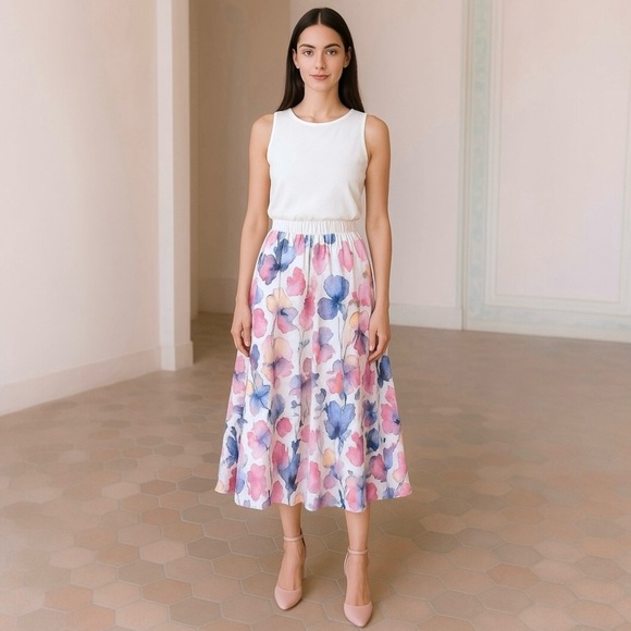 Luca Vanucci 100% Linen Stretch Waist Watercolor Pastel Floral Midi Skirt Size M - Picture 6 of 6